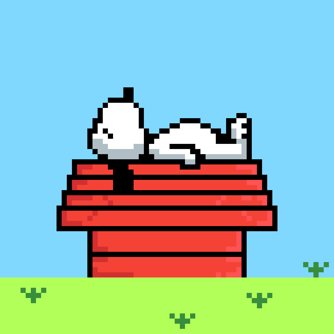 Pixel Snoopy, asleep on his doghouse.