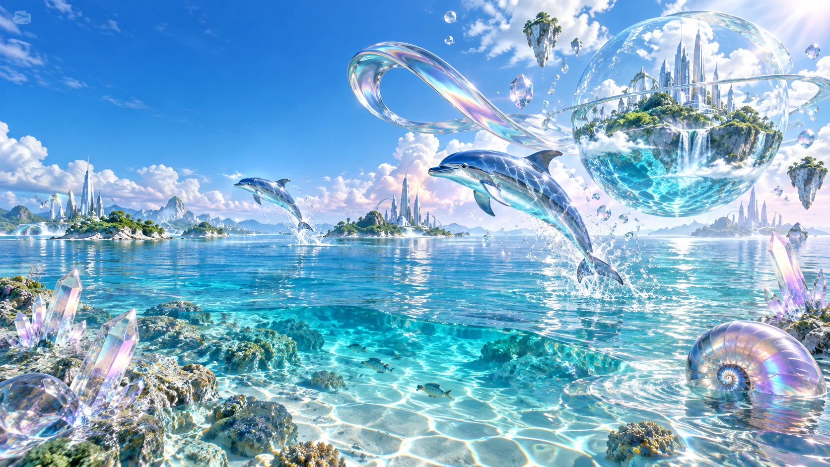 Dolphins floating over a turquoise ocean, with liquid chrome and a glass island.