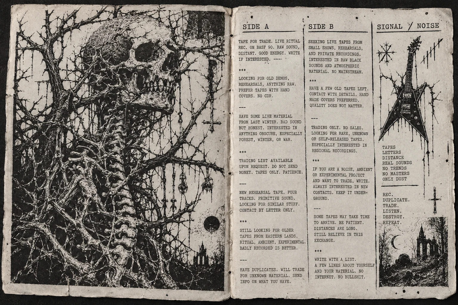 An original photocopied zine spread with anatomical ink artwork and dense tape-trading typography.